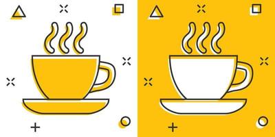 Coffee, tea cup icon in comic style. Coffee mug vector cartoon illustration pictogram. Drink business concept splash effect.