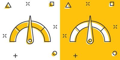 Meter dashboard icon in comic style. Credit score indicator level vector cartoon illustration pictogram. Gauges with measure scale business concept splash effect.