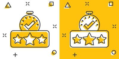 Rating result icon in comic style. Clock with stars cartoon vector illustration on white isolated background. Satisfaction splash effect business concept.