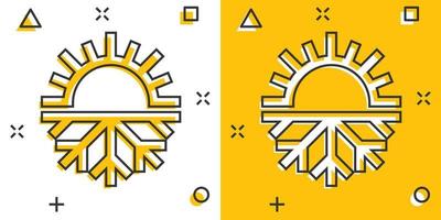 icono de copo de nieve y sol en estilo cómico. ilustración de vector de dibujos animados de control de clima sobre fondo blanco aislado. concepto de negocio de efecto de salpicadura de temperatura fría y caliente.