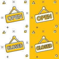 Open, closed sign icon in comic style. Accessibility cartoon vector illustration on white isolated background. Message splash effect business concept.