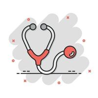 Stethoscope icon in comic style. Heart diagnostic cartoon vector illustration on isolated background. Medicine splash effect sign business concept.