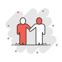 Greetings gesture icon in comic style. People handshake cartoon vector illustration on white isolated background. Hand shake splash effect business concept.