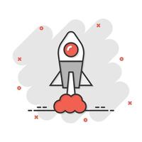 Rocket icon in comic style. Spaceship launch cartoon vector illustration on white isolated background. Sputnik splash effect business concept.