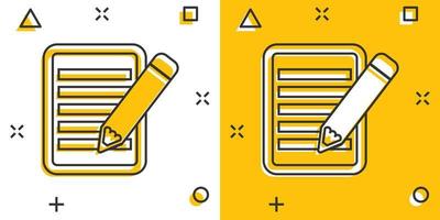 Vector cartoon document with pencil icon in comic style. Note with pen sign illustration pictogram. Notebook business splash effect concept.