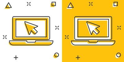 portátil de dibujos animados vectoriales con icono de cursor de ratón en estilo cómico. pictograma de ilustración de pantalla de portátil. concepto de efecto de salpicadura de negocio de monitor de computadora. vector