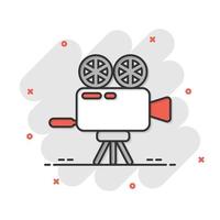 Projector icon in comic style. Cinema camera cartoon vector illustration on white isolated background. Movie splash effect business concept.