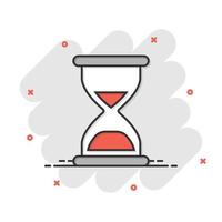 Hourglass icon in comic style. Sandglass cartoon vector illustration on white isolated background. Clock splash effect business concept.