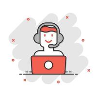 Helpdesk icon in comic style. Headphone cartoon vector illustration on white isolated background. Chat operator splash effect business concept.