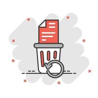 Trash bin with document icon in comic style. Paper recycle cartoon vector illustration on white isolated background. Office garbage splash effect business concept.