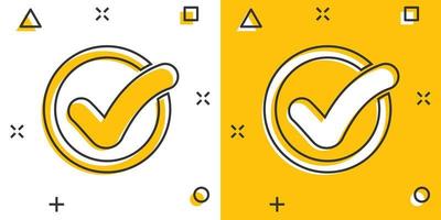 Cartoon check mark icon in comic style. Approved illustration pictogram. Ok sign splash business concept. vector