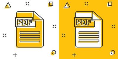 icono de descarga de pdf de dibujos animados vectoriales en estilo cómico. pictograma de ilustración de signo de formato pdf. concepto de efecto de salpicadura de negocio de documento. vector