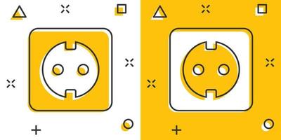 icono de signo de cable de extensión de dibujos animados vectoriales en estilo cómico. Pictograma de ilustración de signo de toma de corriente eléctrica. concepto de efecto de salpicadura de negocio de toma de corriente. vector