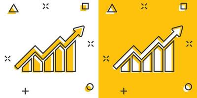 Growing bar graph icon in comic style. Increase arrow vector cartoon illustration pictogram. Infographic progress business concept splash effect.