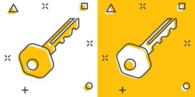 Key icon in comic style. Access login vector cartoon illustration pictogram. Password key business concept splash effect.