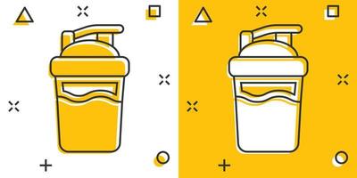 Shaker icon in comic style. Sport bottle vector cartoon illustration on white isolated background. Fitness container business concept splash effect.