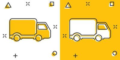 Delivery truck sign icon in comic style. Van vector cartoon illustration on white isolated background. Cargo car business concept splash effect.