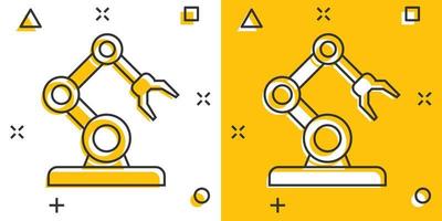 icono de brazo robot en estilo cómico. Ilustración de vector de dibujos animados de manipulador mecánico sobre fondo blanco aislado. concepto de negocio de efecto de salpicadura de máquina.