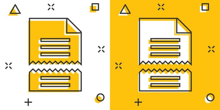 Document error icon in comic style. Broken report cartoon vector illustration on white isolated background. Damaged splash effect business concept.