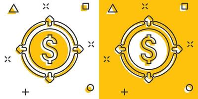 icono de ingresos de dinero en estilo cómico. ilustración de vector de dibujos animados de moneda de dólar sobre fondo blanco aislado. concepto de negocio de efecto de salpicadura de estructura financiera.