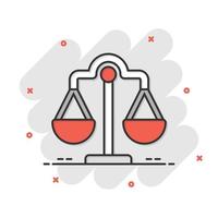 Scale balance icon in comic style. Justice cartoon vector illustration on white isolated background. Judgment splash effect business concept.