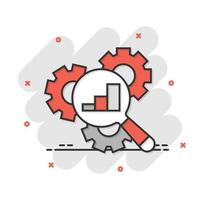 Loupe with gear icon in comic style. Magnifying glass cartoon vector illustration on white isolated background. Seo exploration splash effect business concept.
