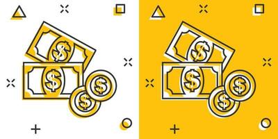 icono de dinero de dibujos animados en estilo cómico. pictograma de ilustración de signo de dinero de dólar. concepto de negocio de salpicaduras de monedas. vector
