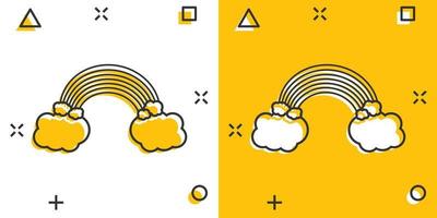 Cartoon rainbow with clouds icon in comic style. Weather illustration pictogram. Rainbow sign splash business concept. vector