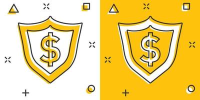 Vector cartoon shield with money icon in comic style. Shield sign illustration pictogram. Dollar business splash effect concept.