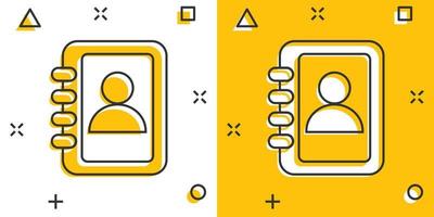 icono de la libreta de direcciones de dibujos animados vectoriales en estilo cómico. pictograma de ilustración de signo de nota de contacto. concepto de efecto de salpicadura de negocio portátil. vector