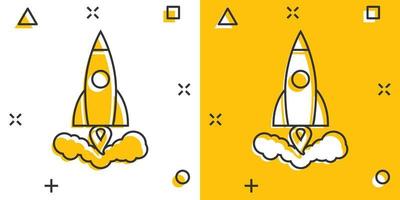 Vector cartoon rocket icon in comic style. Startup launch sign illustration pictogram. Rocket business splash effect concept.