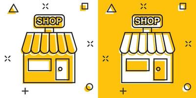 Vector cartoon store market icon in comic style. Shop building sign illustration pictogram. Mall business splash effect concept.