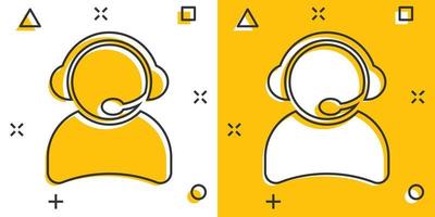 Vector cartoon operator with microphone icon in comic style. Operator in call center sign illustration pictogram. People business splash effect concept.