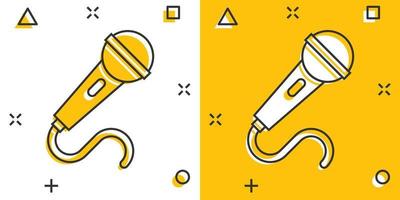 Microphone icon in comic style. Mic broadcast vector cartoon illustration pictogram. Microphone mike speech business concept splash effect.