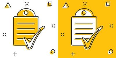 Document checklist icon in comic style. Report cartoon vector illustration on white isolated background. Paper sheet splash effect business concept.