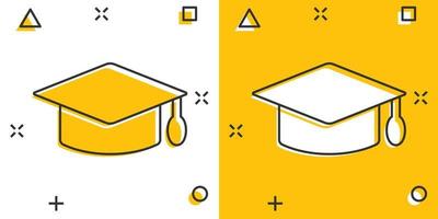 Graduation hat icon in comic style. Student cap cartoon vector illustration on white isolated background. University splash effect business concept.