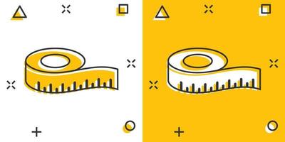 Measure tape icon in comic style. Ruler cartoon sign vector illustration on white isolated background. Meter splash effect business concept.