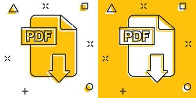 icono de descarga de pdf de dibujos animados vectoriales en estilo cómico. pictograma de ilustración de signo de formato pdf. concepto de efecto de salpicadura de negocio de documento. vector