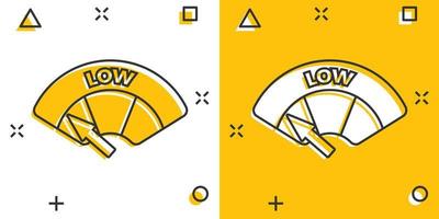 Cartoon colored low level icon in comic style. Speedometer, tachometer illustration pictogram. Low level sign splash business concept. vector