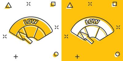 Cartoon colored low level icon in comic style. Speedometer, tachometer illustration pictogram. Low level sign splash business concept. vector