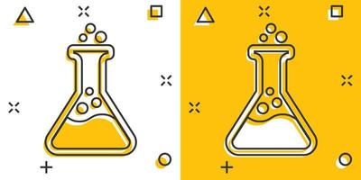 los vasos de precipitados de química firman un icono en estilo cómico. ilustración de dibujos animados de vector de tubo de ensayo de matraz sobre fondo blanco aislado. efecto de salpicadura del concepto de negocio de alquimia.