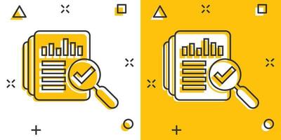 icono de documento de auditoría en estilo cómico. informe de resultados ilustración de dibujos animados vectoriales sobre fondo blanco aislado. efecto de salpicadura del concepto de negocio de control de verificación. vector