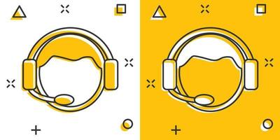 operador de dibujos animados vectoriales con icono de micrófono en estilo cómico. operador en pictograma de ilustración de signo de centro de llamadas. concepto de efecto de salpicadura de negocios de personas. vector