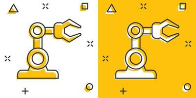 icono de brazo robot en estilo cómico. Ilustración de vector de dibujos animados de manipulador mecánico sobre fondo blanco aislado. concepto de negocio de efecto de salpicadura de máquina.