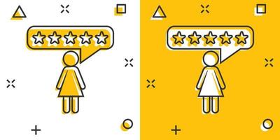 Vector cartoon customer reviews, user feedback icon in comic style. Rating sign illustration pictogram. Stars rating business splash effect concept.