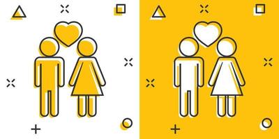 Vector cartoon man and woman with heart icon in comic style. People sign illustration pictogram. Relations business splash effect concept.