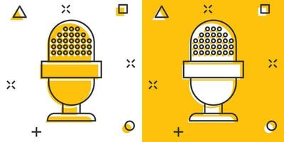 Microphone icon in comic style. Mic broadcast vector cartoon illustration pictogram. Microphone mike speech business concept splash effect.