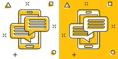 icono de signo de chat de teléfono móvil en estilo cómico. notificaciones de mensajes ilustración de dibujos animados vectoriales sobre fondo blanco aislado. efecto de salpicadura de concepto de negocio de texto de teléfono inteligente. vector