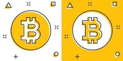 icono de bitcoin en estilo cómico. ilustración vectorial de dibujos animados de blockchain sobre fondo blanco aislado. concepto de negocio de efecto de salpicadura de criptomoneda. vector