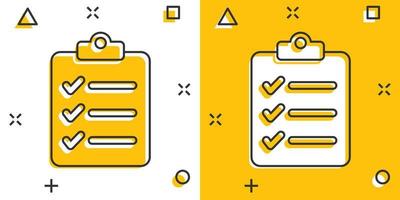 icono de lista de verificación de documentos en estilo cómico. informar ilustración vectorial de dibujos animados sobre fondo blanco aislado. concepto de negocio de efecto de salpicadura de hoja de papel. vector